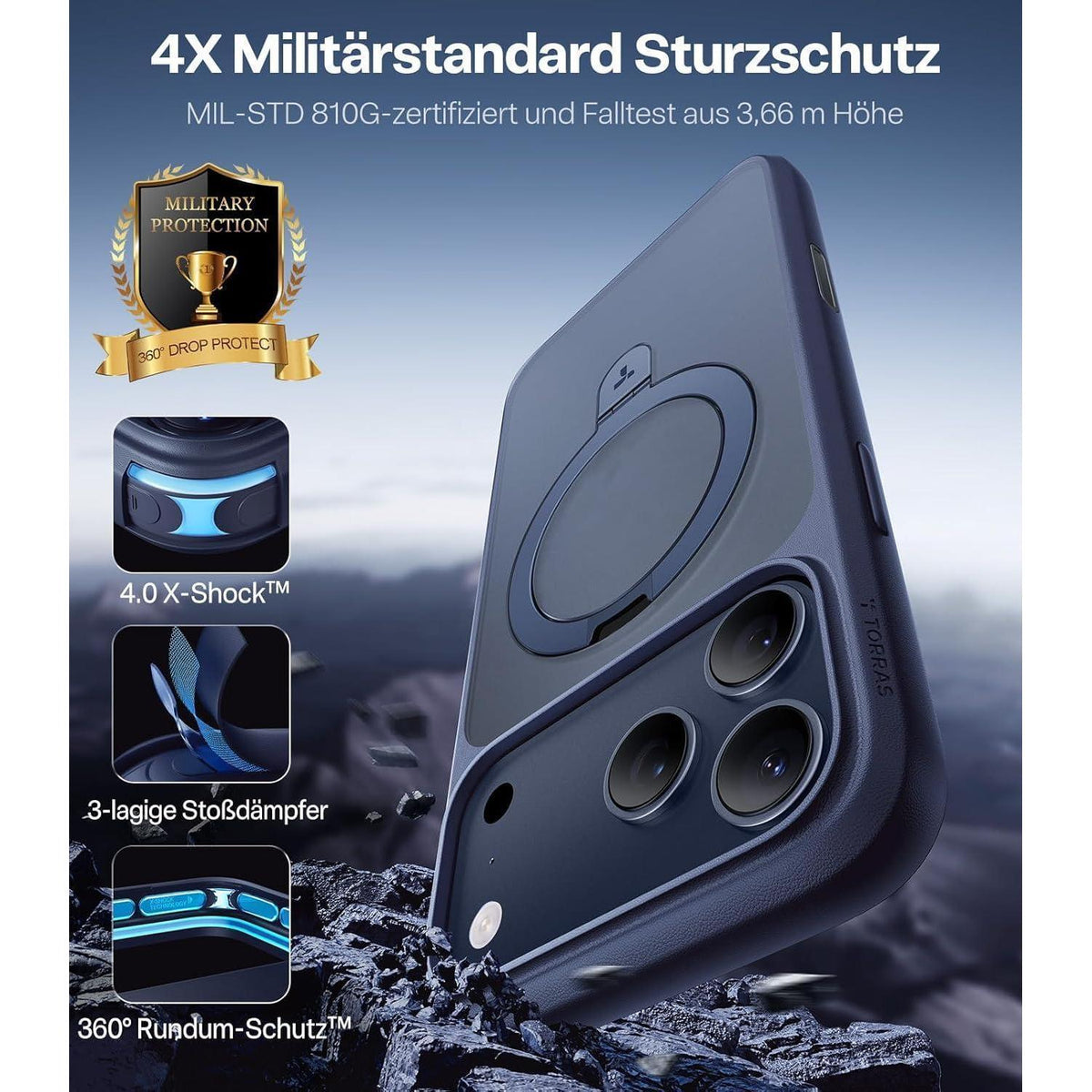 iPhone 17 Pro Max Hülle mit Ständer & MagSafe – Tiefblau