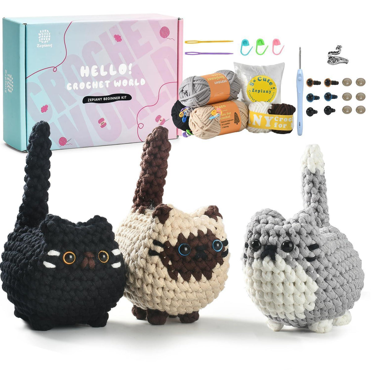 Häkelset für Anfänger: 3 süße Katzen Amigurumi zum Selbermachen