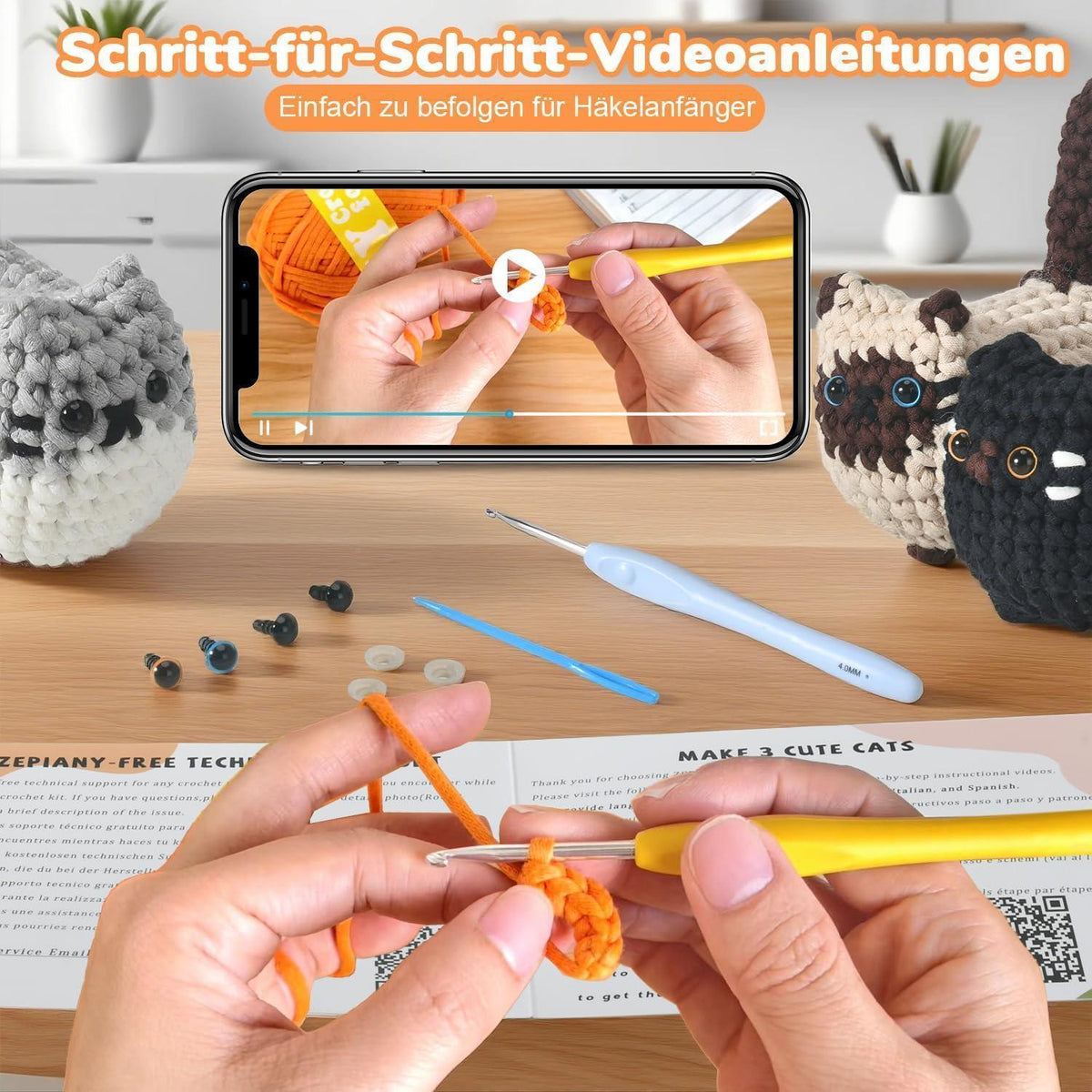 Häkelset für Anfänger: 3 süße Katzen Amigurumi zum Selbermachen