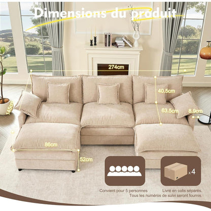 Modulares U-förmiges Sofa 3-Sitzer mit Hocker, Hellbraun