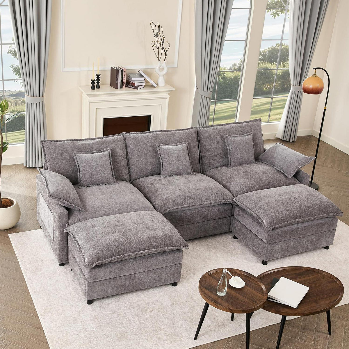 Modulares U-förmiges Sofa 3-Sitzer mit Hocker (Grau)