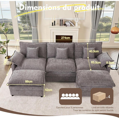 Modulares U-förmiges Sofa 3-Sitzer mit Hocker (Grau)
