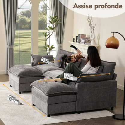 Modulares U-förmiges Sofa 3-Sitzer mit Hocker (Grau)