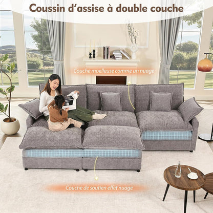 Modulares U-förmiges Sofa 3-Sitzer mit Hocker (Grau)