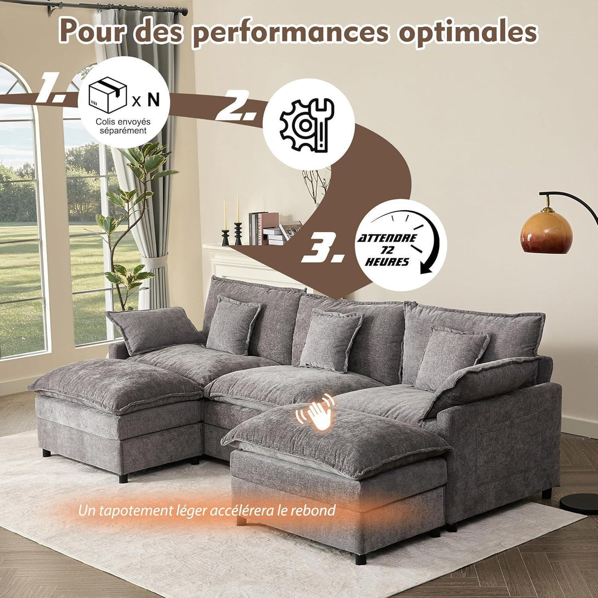 Modulares U-förmiges Sofa 3-Sitzer mit Hocker (Grau)