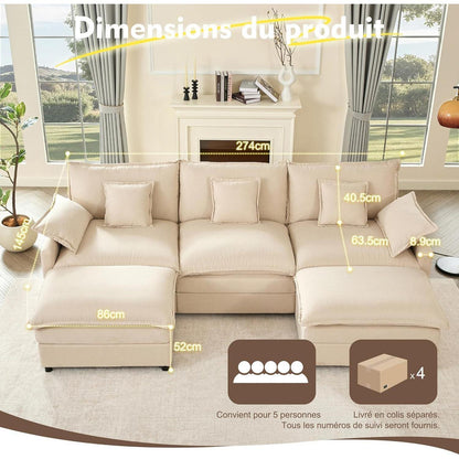 Modulares U-förmiges Sofa 3-Sitzer mit Hocker – Beige Cloud Couch