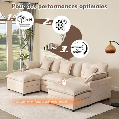 Modulares U-förmiges Sofa 3-Sitzer mit Hocker – Beige Cloud Couch
