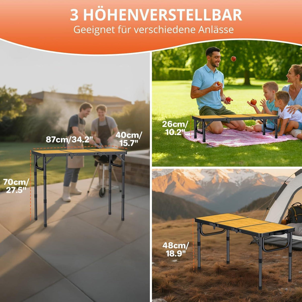 Höhenverstellbarer Campingtisch 87x40cm, 3 Höhen, Schwarzgelb