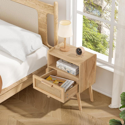 LELELINKY Nachttisch 2er Set Rattan Boho mit Schublade