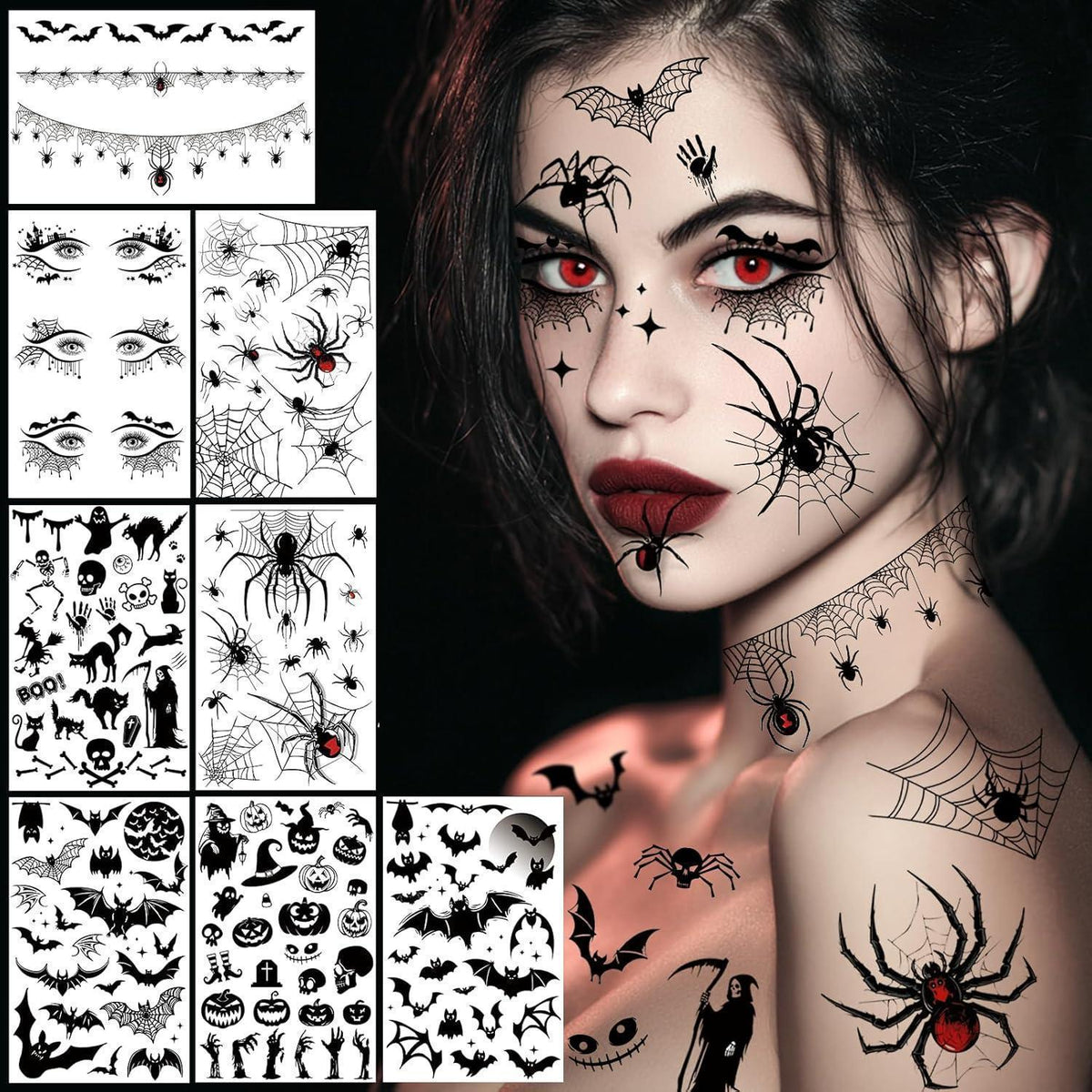 Halloween Gesichts-Tattoos 8 Blatt Fledermäuse Spinnen Augen Halskette