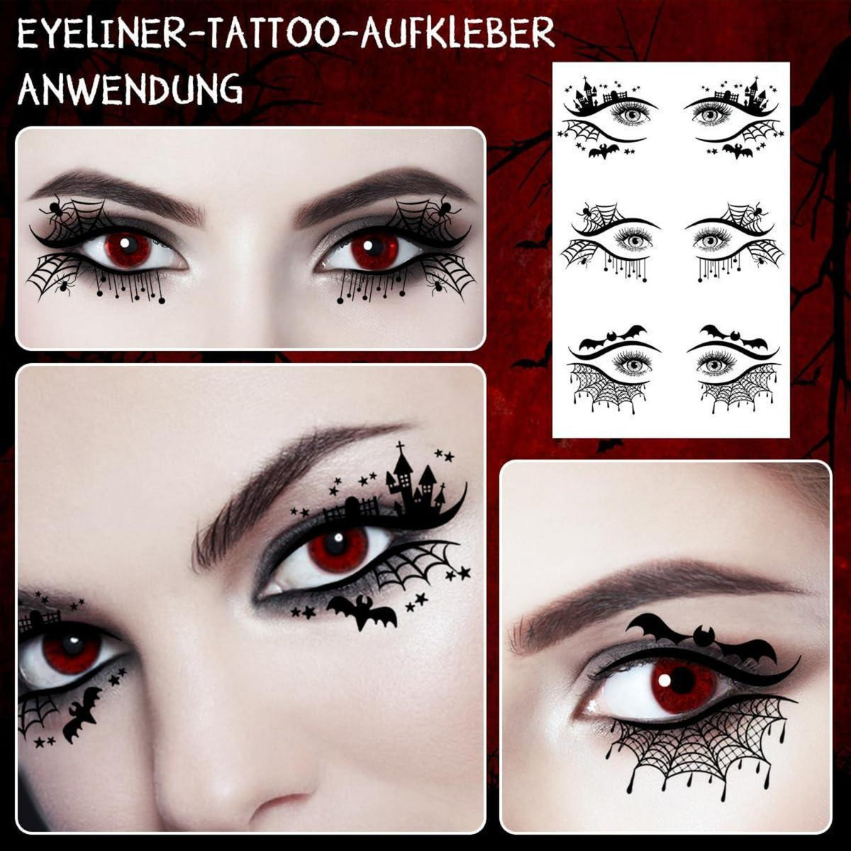 Halloween Gesichts-Tattoos 8 Blatt Fledermäuse Spinnen Augen Halskette