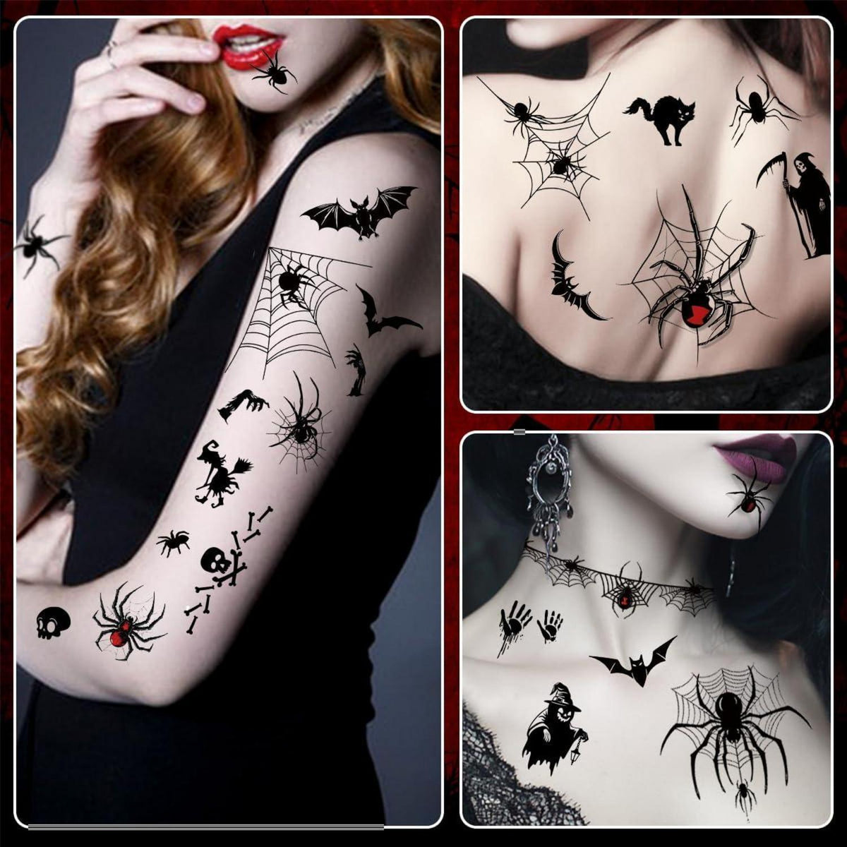 Halloween Gesichts-Tattoos 8 Blatt Fledermäuse Spinnen Augen Halskette