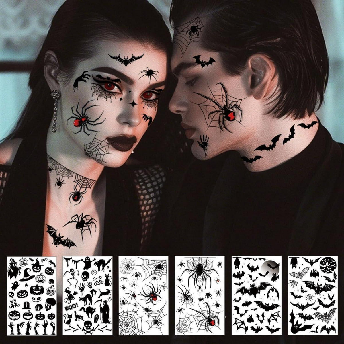 Halloween Gesichts-Tattoos 8 Blatt Fledermäuse Spinnen Augen Halskette