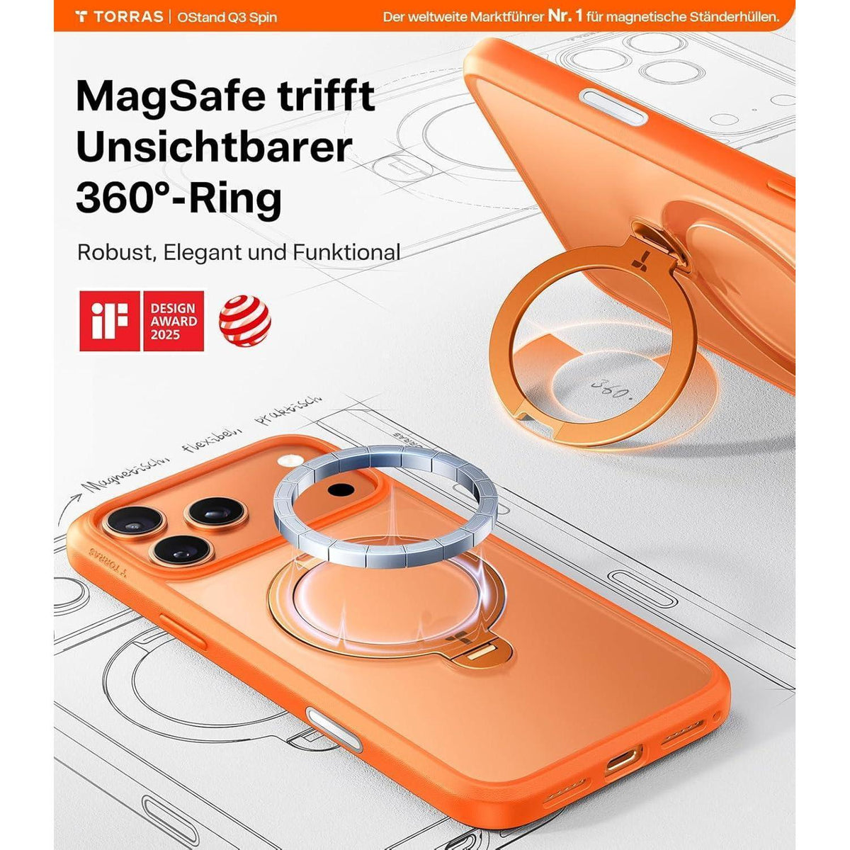 iPhone 17 Pro Max Hülle mit 360° Ständer & MagSafe - Orange