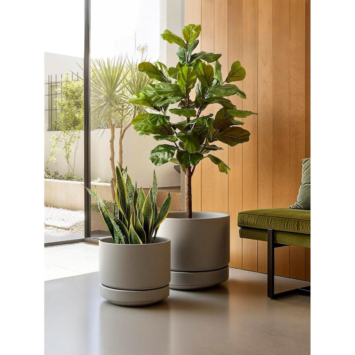 Großer Keramik Blumentopf 30 cm mit Untersetzer – Neutral Grau