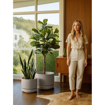 Großer Keramik Blumentopf 30 cm mit Untersetzer – Neutral Grau