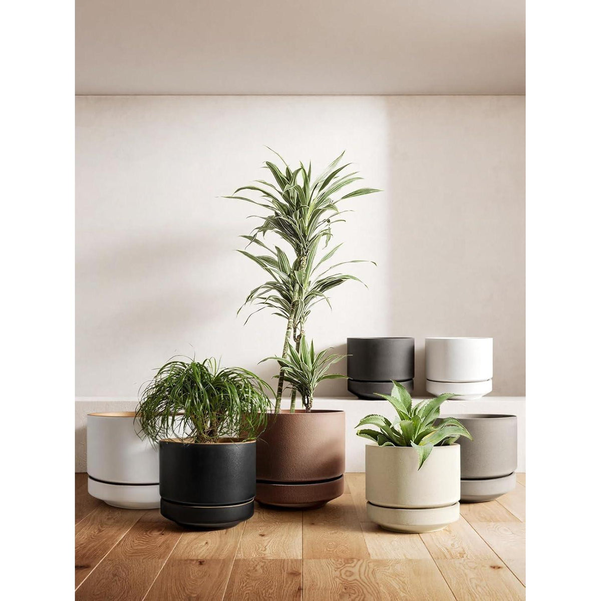 Großer Keramik Blumentopf 30 cm mit Untersetzer – Neutral Grau