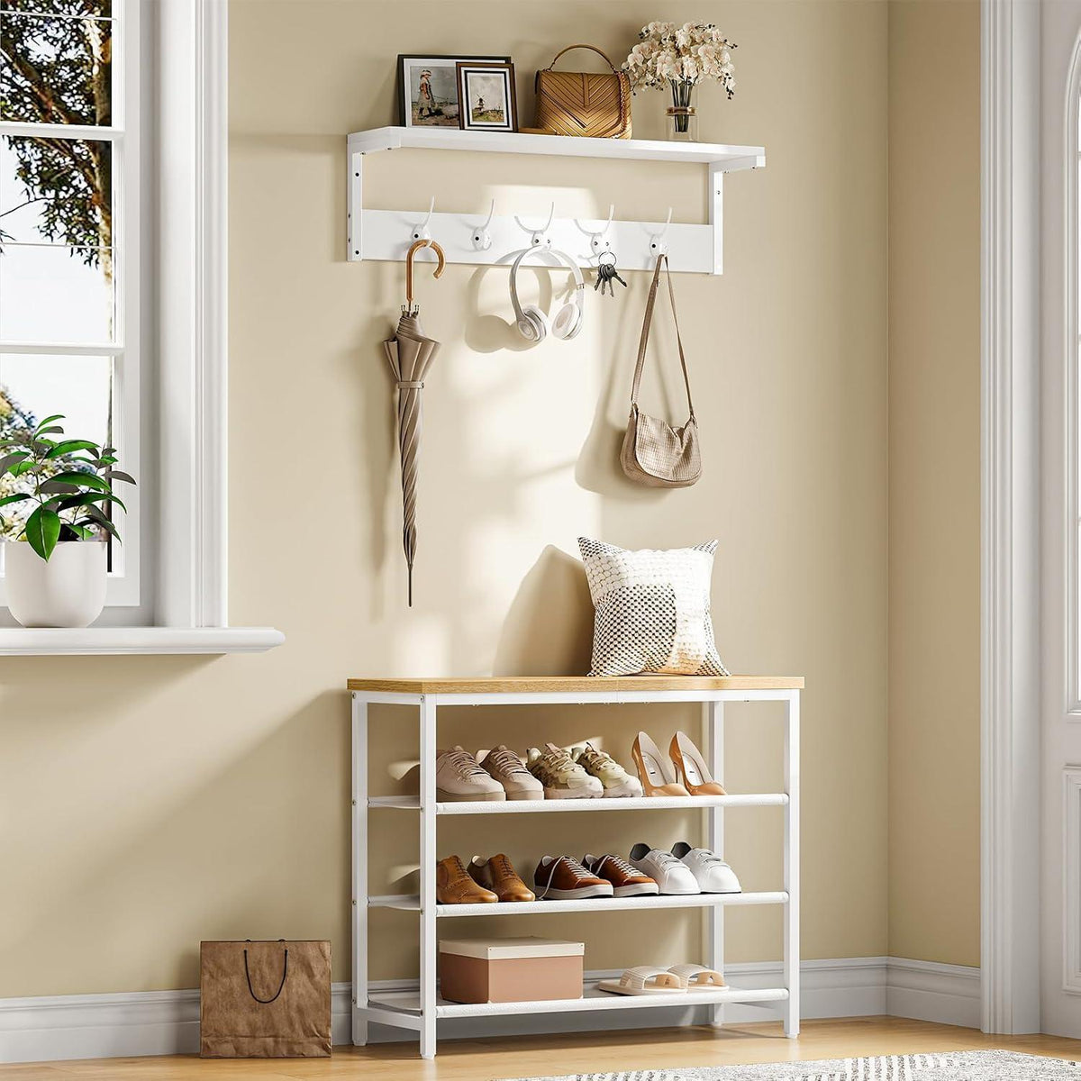 Wandgarderobe mit 7 Haken und Ablage, Weiß