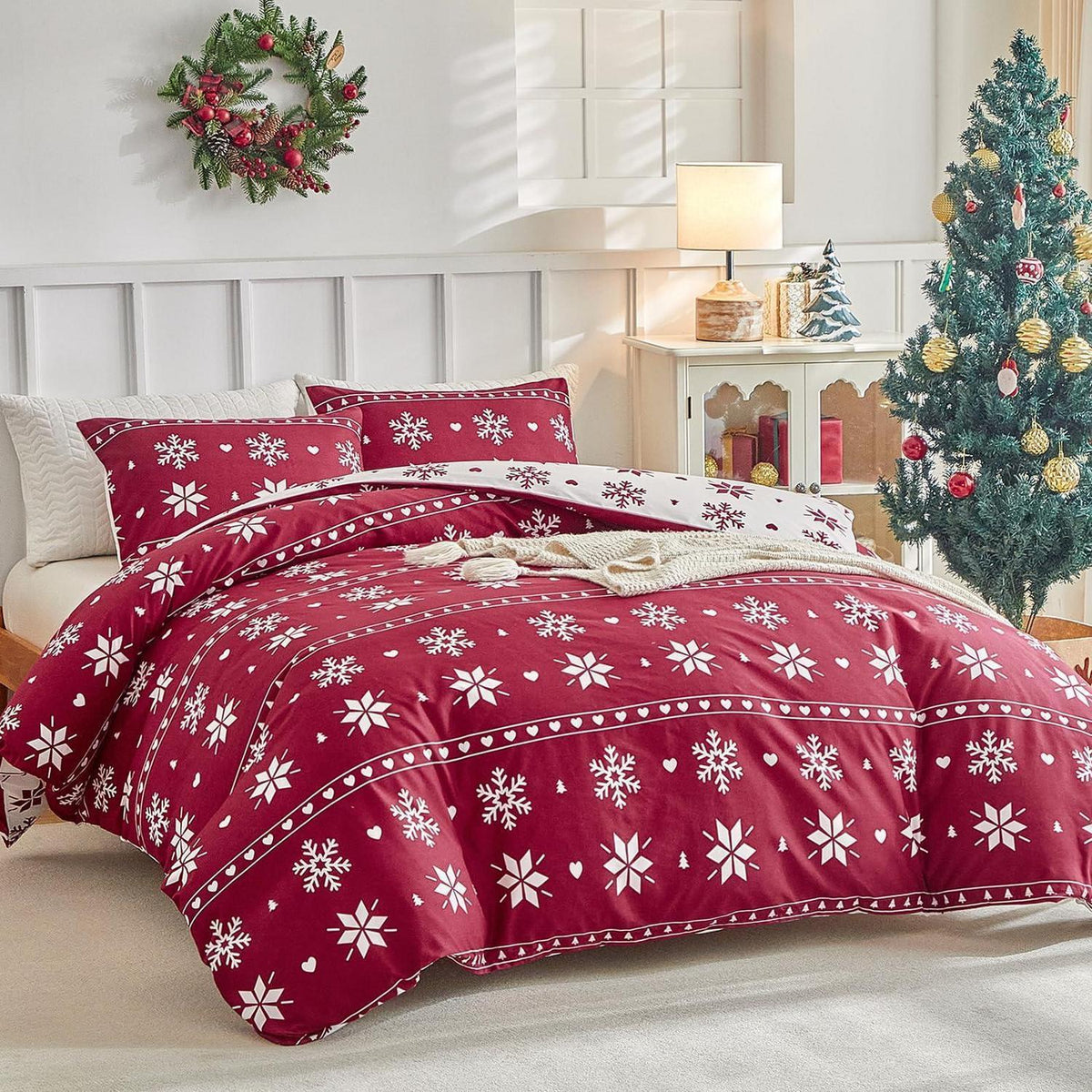 Weihnachts Bettwäsche-Set rot Schneeflocken 200x200 cm