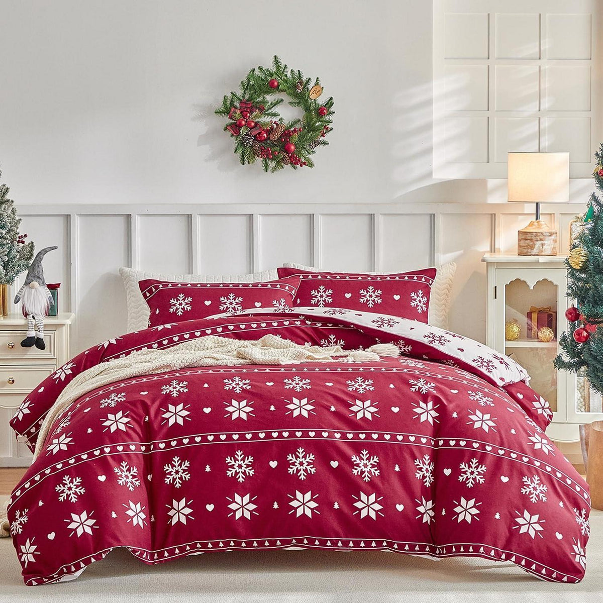 Weihnachts Bettwäsche-Set rot Schneeflocken 200x200 cm