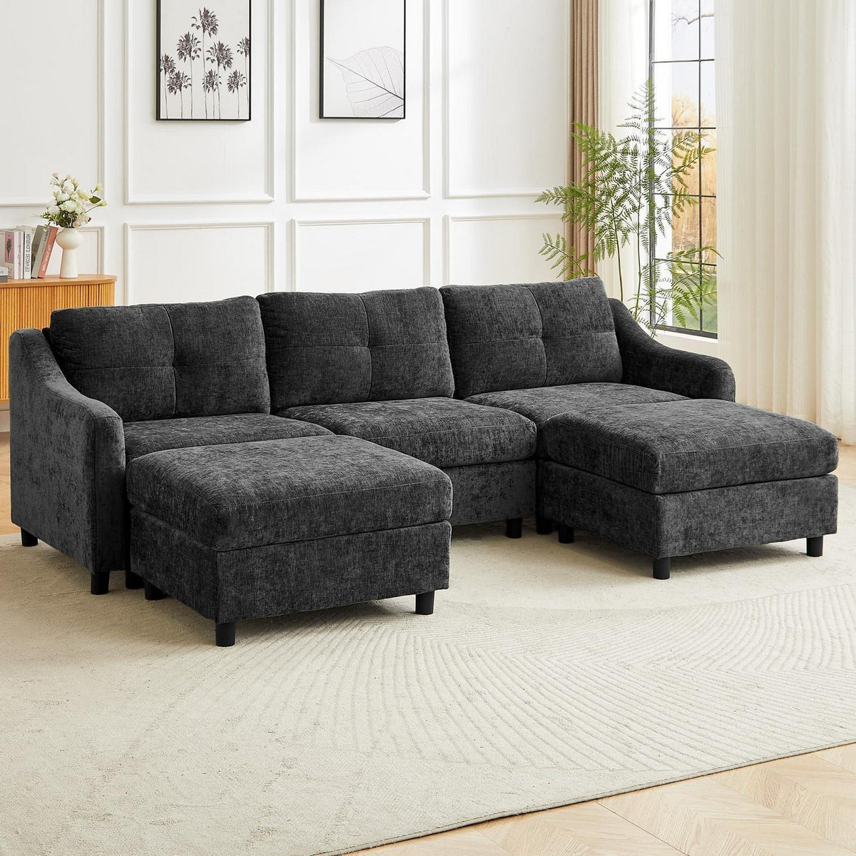 JIEXI Ecksofa mit Schlaffunktion – Grau, 3-Sitzer + 2 Hocker