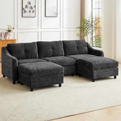 JIEXI Ecksofa mit Schlaffunktion – Grau, 3-Sitzer + 2 Hocker