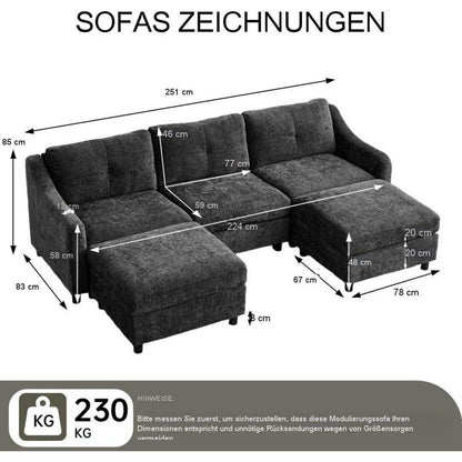 JIEXI Ecksofa mit Schlaffunktion – Grau, 3-Sitzer + 2 Hocker