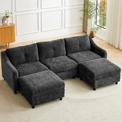 JIEXI Ecksofa mit Schlaffunktion – Grau, 3-Sitzer + 2 Hocker