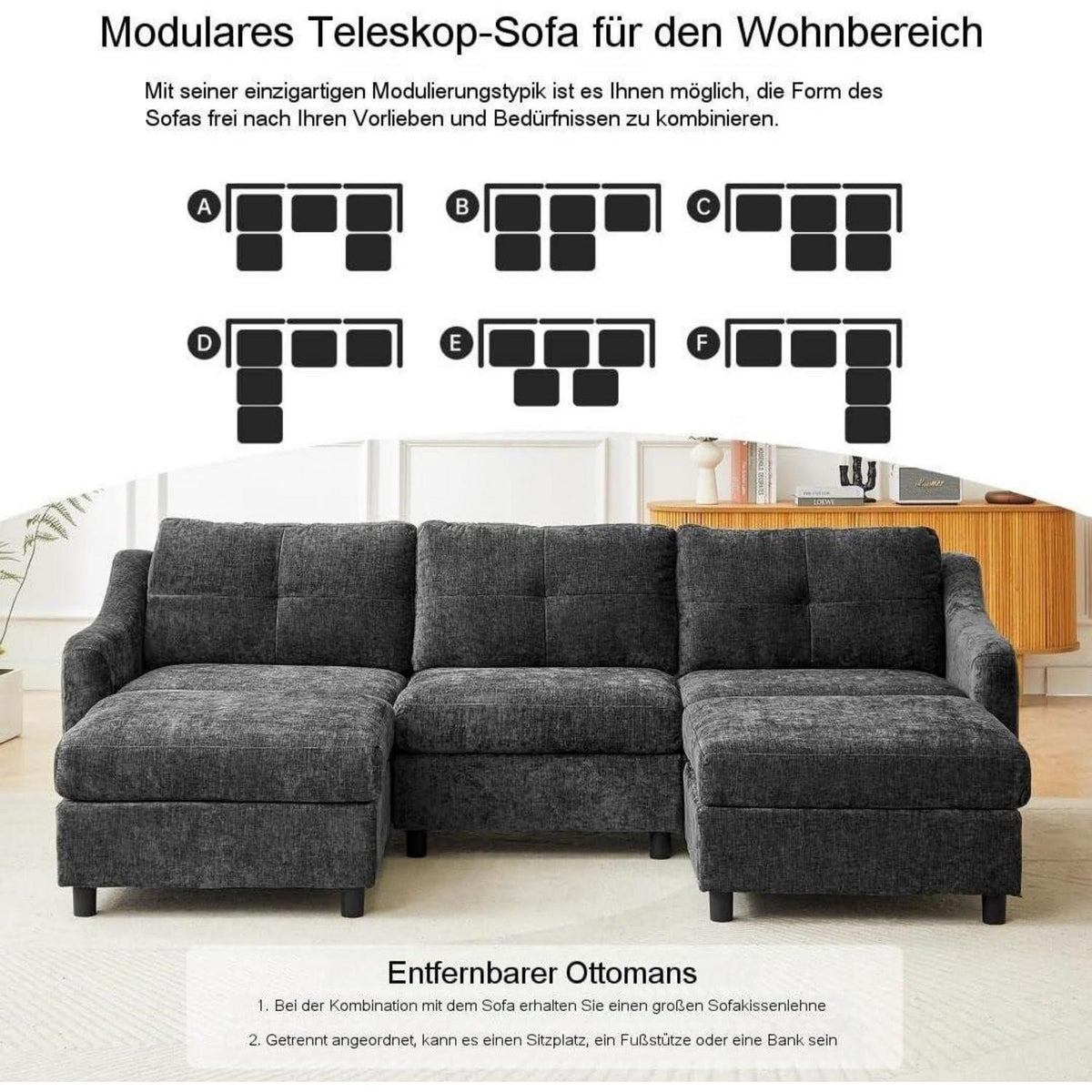 JIEXI Ecksofa mit Schlaffunktion – Grau, 3-Sitzer + 2 Hocker