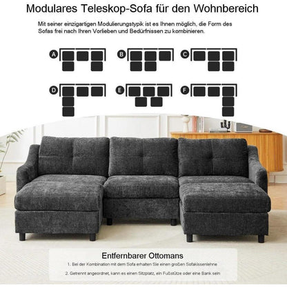JIEXI Ecksofa mit Schlaffunktion – Grau, 3-Sitzer + 2 Hocker