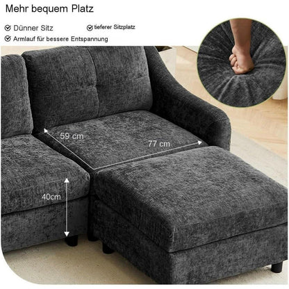 JIEXI Ecksofa mit Schlaffunktion – Grau, 3-Sitzer + 2 Hocker