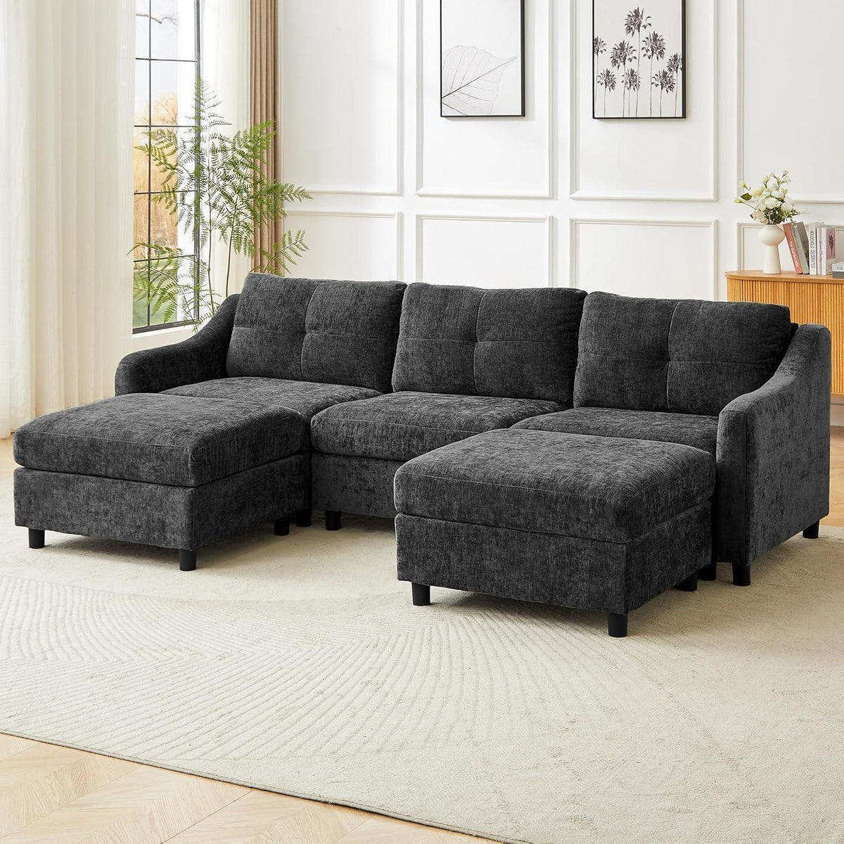 JIEXI Ecksofa mit Schlaffunktion – Grau, 3-Sitzer + 2 Hocker