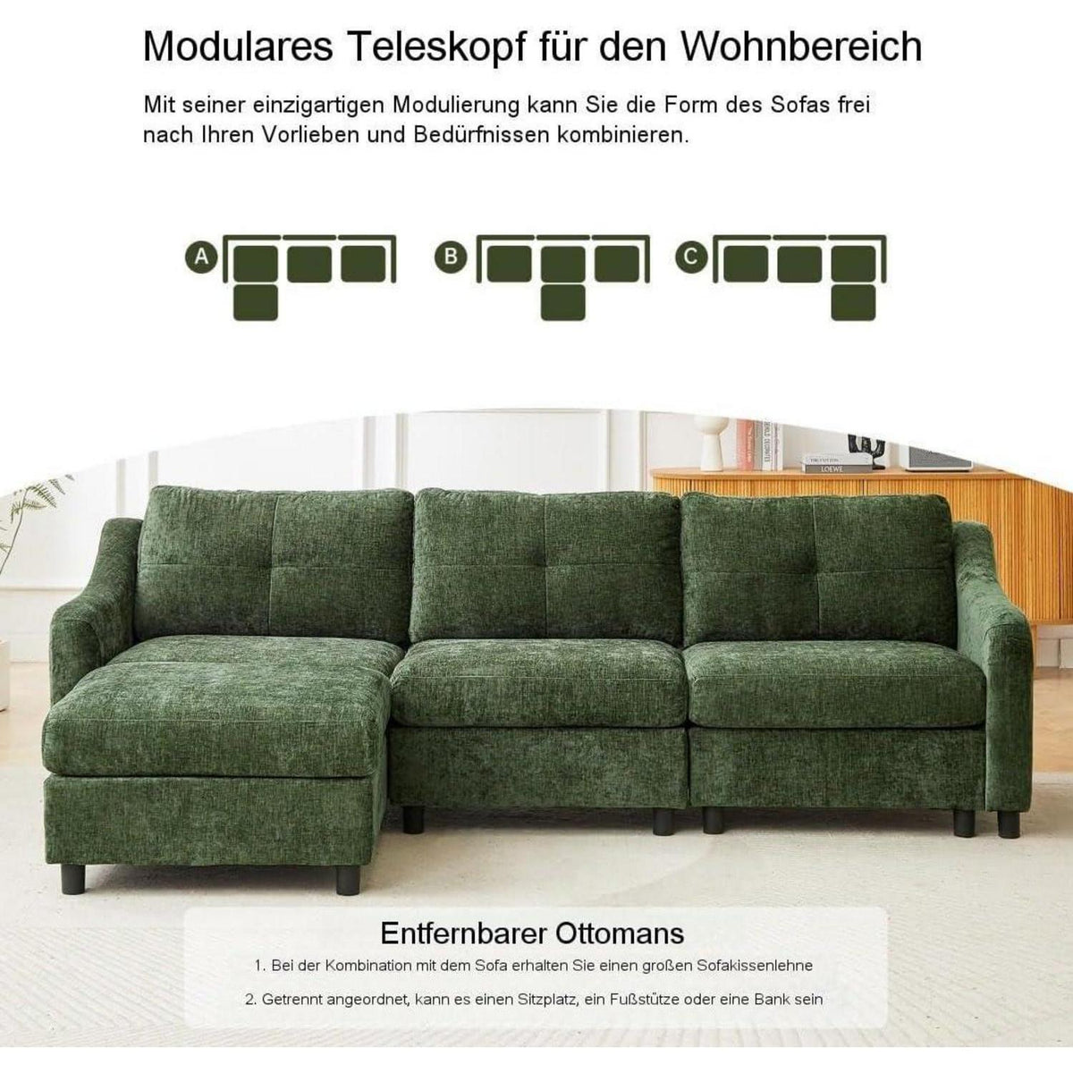 JIEXI Ecksofa mit Schlaffunktion – Dunkelgrün, 251cm
