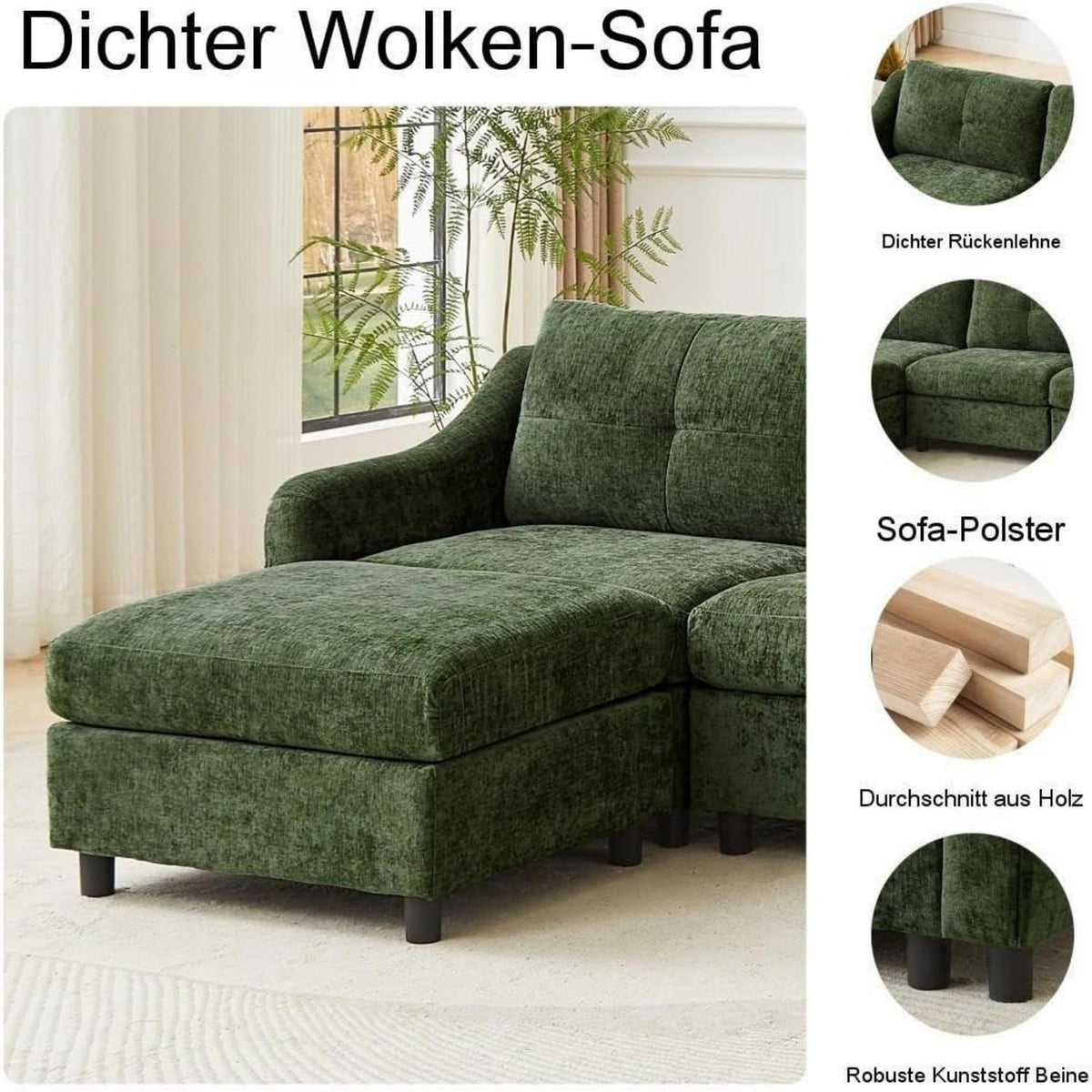 JIEXI Ecksofa mit Schlaffunktion – Dunkelgrün, 251cm