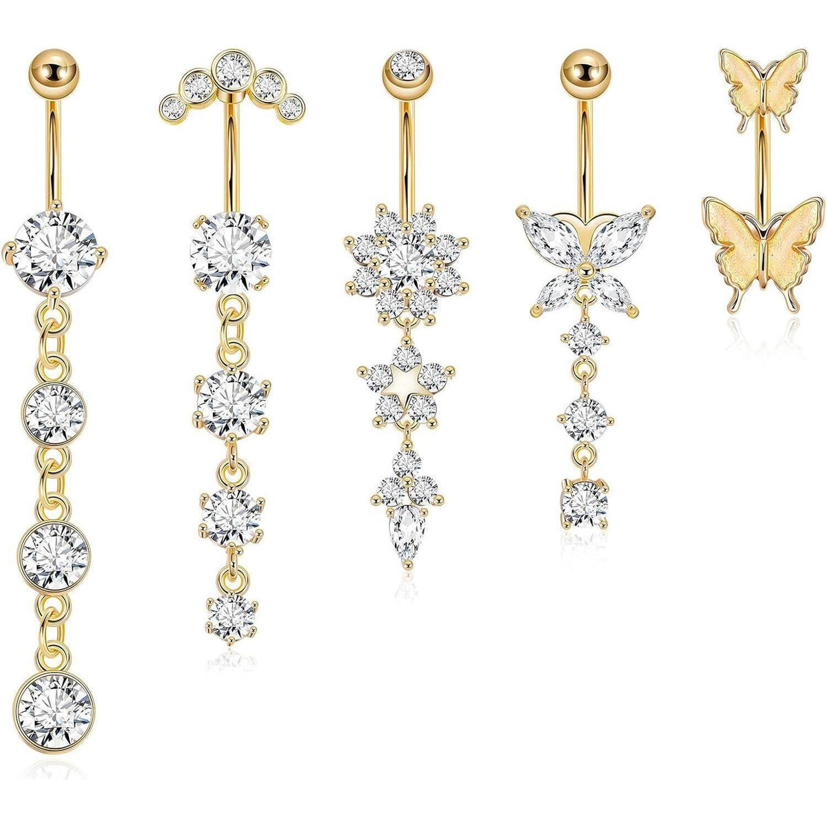 5er Set Bauchnabelpiercing Schmetterling Gold Chirurgenstahl Hängend