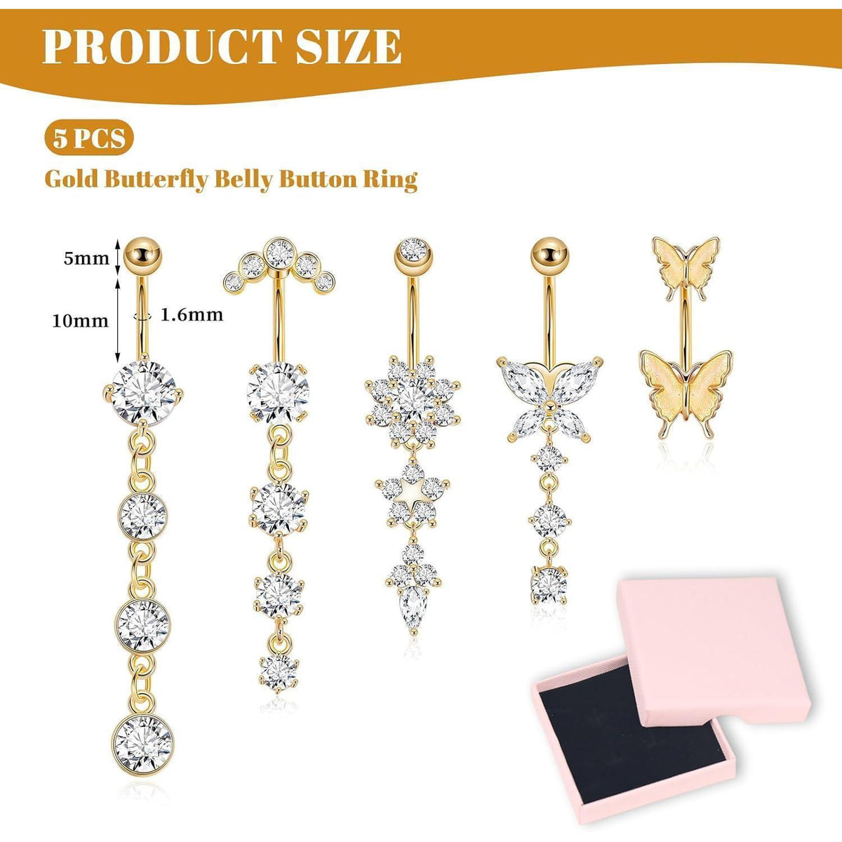 5er Set Bauchnabelpiercing Schmetterling Gold Chirurgenstahl Hängend
