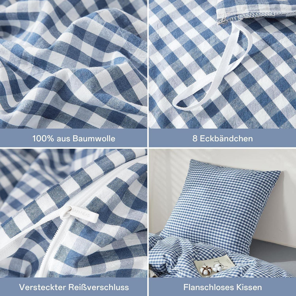 3tlg. Karierte Baumwoll Bettwäsche Set 200x220 Marineblau