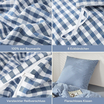 3tlg. Karierte Baumwoll Bettwäsche Set 200x220 Marineblau