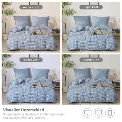 3tlg. Karierte Baumwoll Bettwäsche Set 200x220 Marineblau