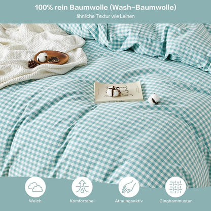 Gewaschene Baumwoll Bettwäsche Set 200x200 Türkisblau 3tlg. Karomuster