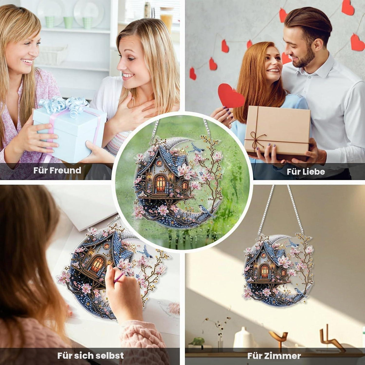 Diamant Painting Anhänger Haus auf dem Mond – DIY Set für Fenster