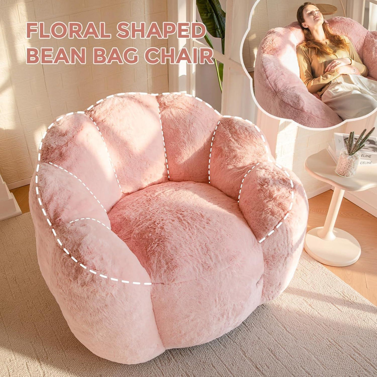 Flauschiger Sitzsack Erwachsene – Blumen Design, Rosa