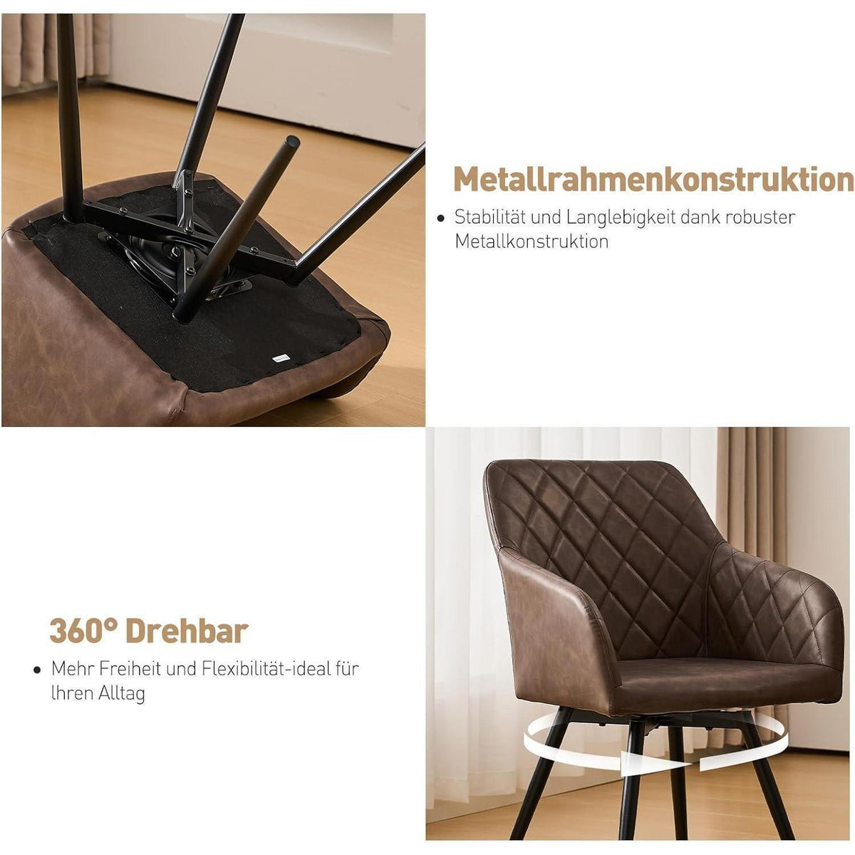Drehbarer Esszimmerstuhl mit Armlehne – 6er Set Braun