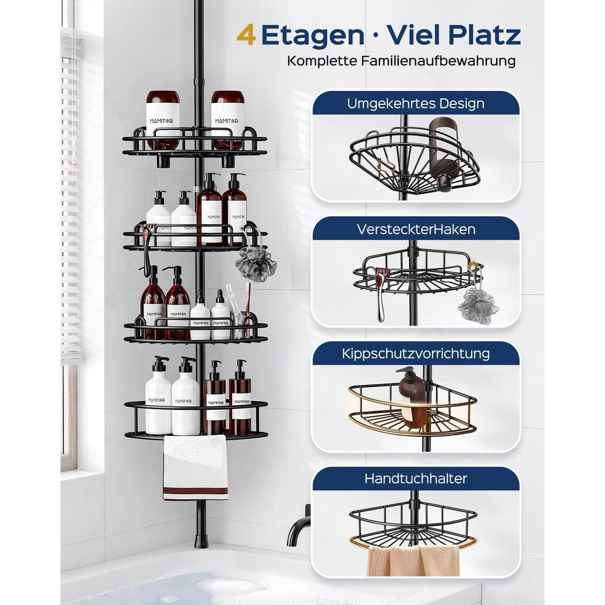 Teleskop Duschablage Eckregal 4-Stöckig Schwarz