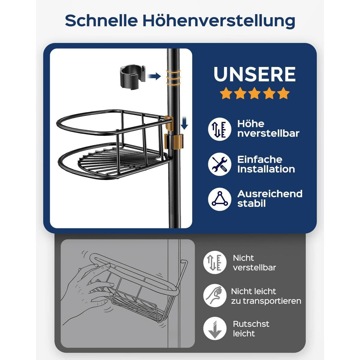 Teleskop Duschablage Eckregal 4-Stöckig Schwarz