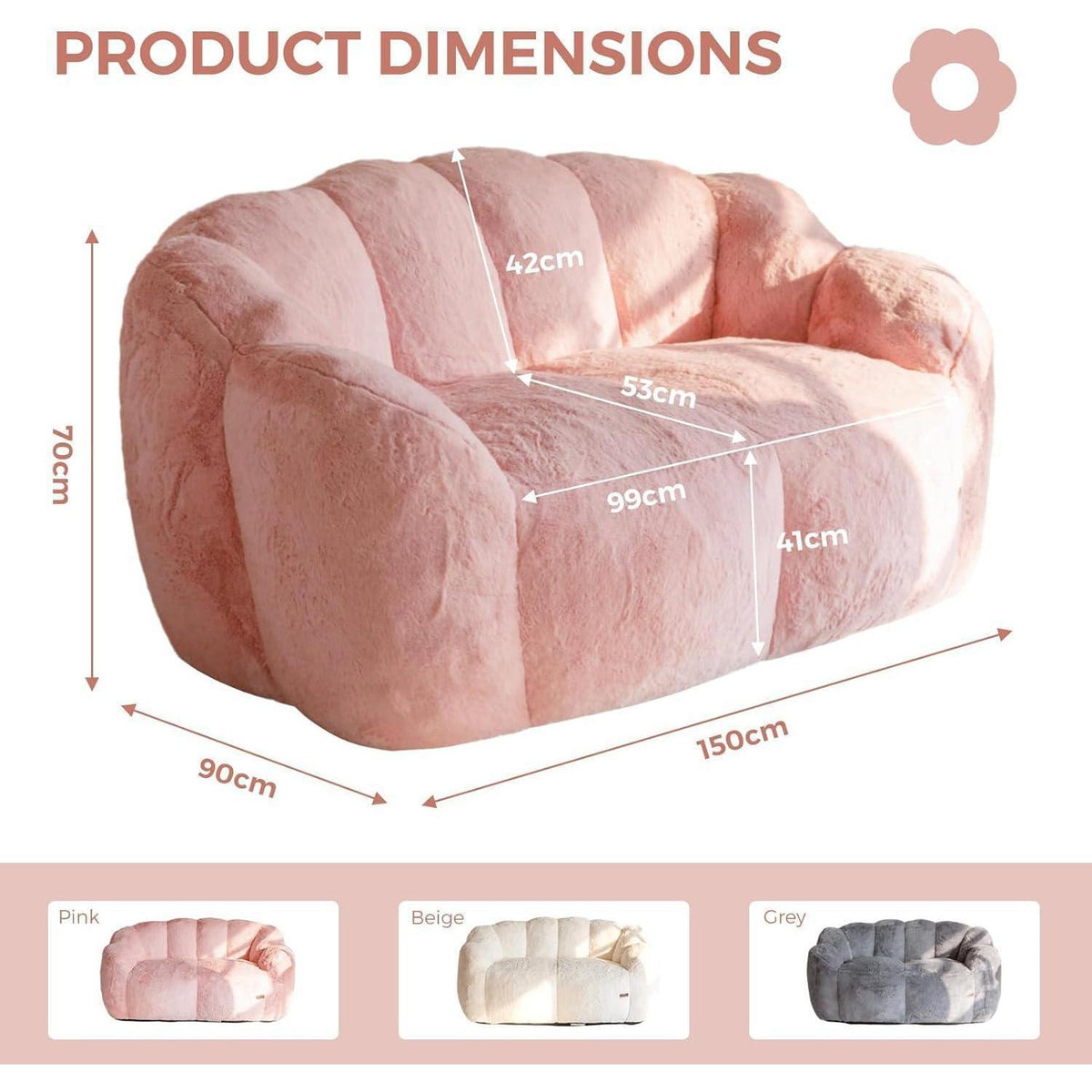 Flauschiger Sitzsack 2-Sitzer mit Memory Foam – Rosa
