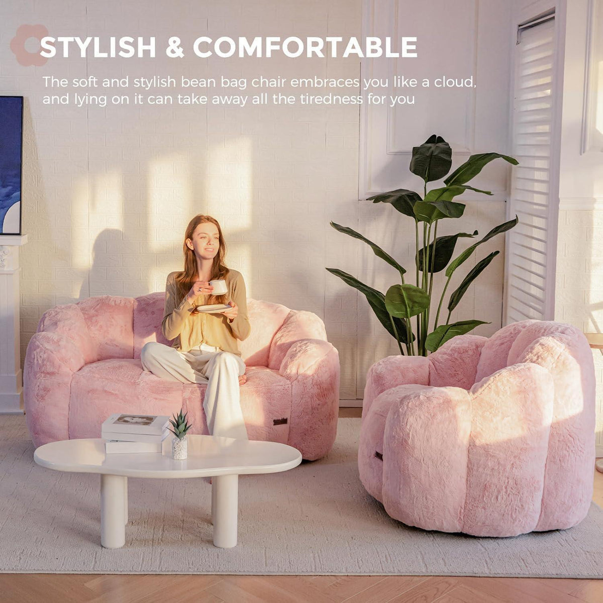 Flauschiger Sitzsack 2-Sitzer mit Memory Foam – Rosa
