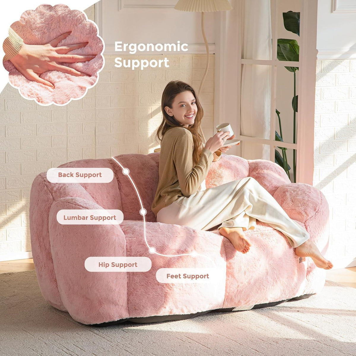 Flauschiger Sitzsack 2-Sitzer mit Memory Foam – Rosa