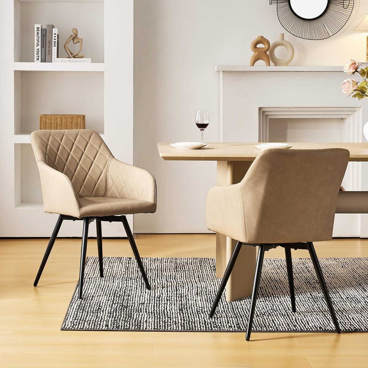 Drehbare Esszimmerstühle 6er Set Beige in Lederoptik