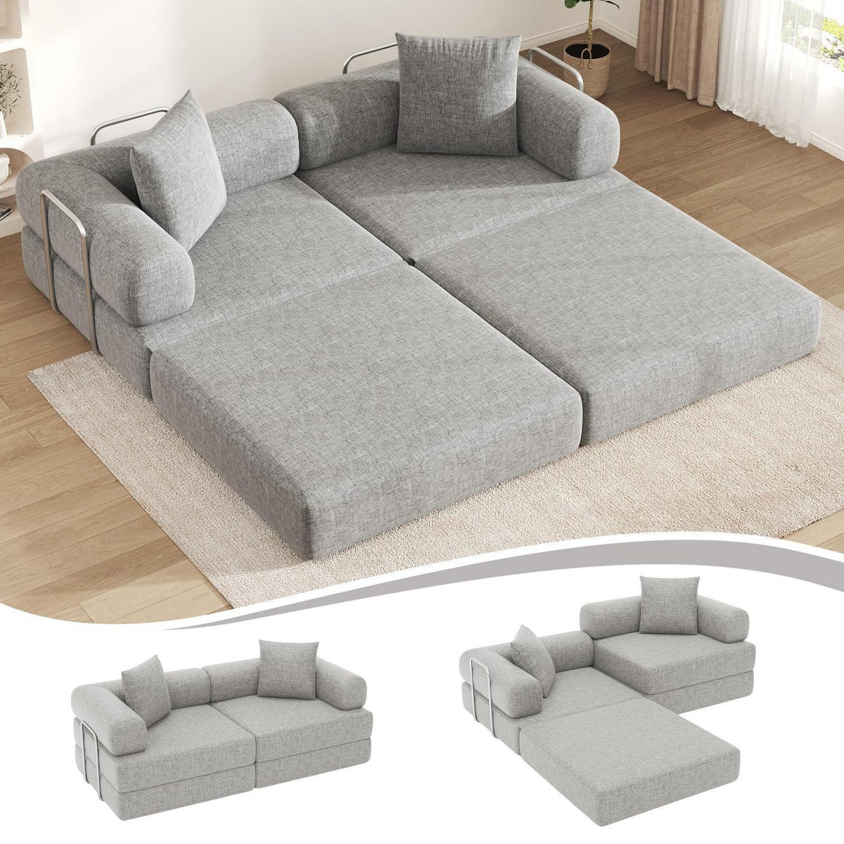 Klappsofa 199cm – Bequemer Futon & Modularer Loveseat Grau
